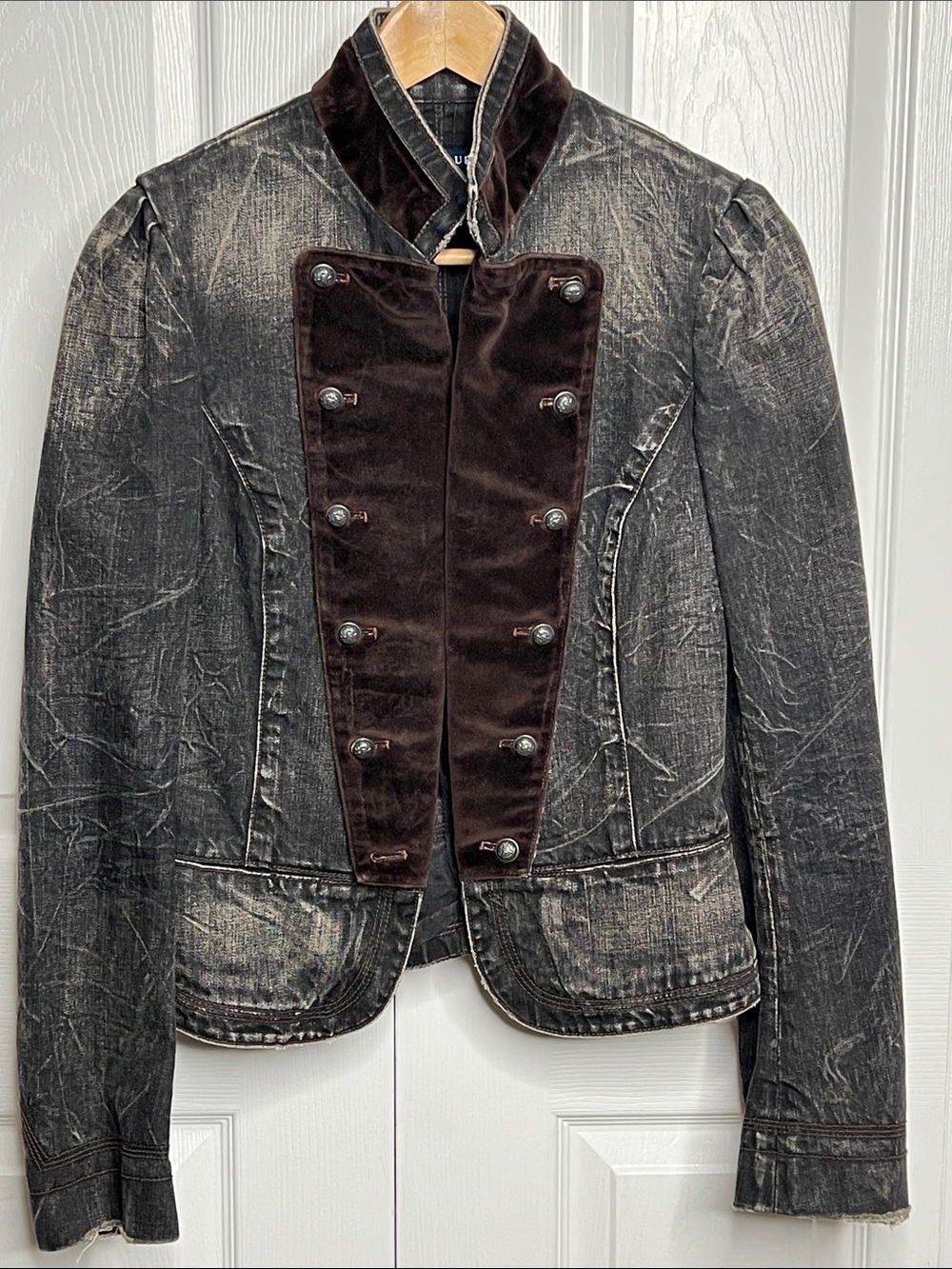 Vintage Ralph Lauren Military  Style Distressed Denim Jacket with Brown Panels